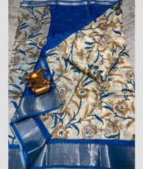 Cream and Blue color mangalagiri pattu handloom saree with all over digital printed with 150 by 50 jari border design -MAGP0026227