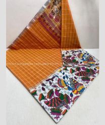 Carrot Orange and White color Chenderi silk handloom saree with all over thread weaving checks with kalamkari prints in the border design -CNDP0012595