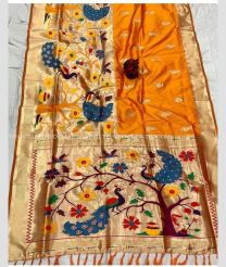 Orange and Lite Gold color paithani sarees with all over minakari flowers design -PTNS0004650