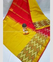 Yellow and Red color Tripura Silk handloom saree with plain with big pochampally ikkat border design -TRPP0006888