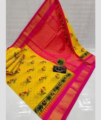 Yellow and Pink color Chenderi silk handloom saree with all over pinted with special temple border design -CNDP0016038