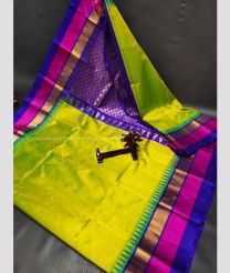 Parrot Green and Pink color kuppadam pattu handloom saree with plain with temple border design -KUPP0097006