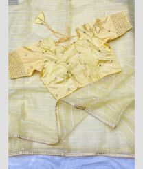 Cream color Organza sarees with plain with lines design -ORGS0002981
