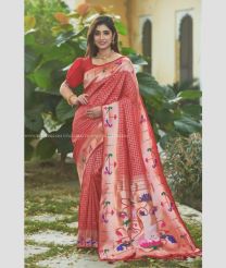 Red color paithani sarees with all over checks design -PTNS0004639