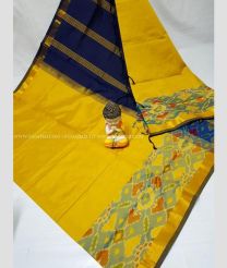 Yellow and Navy Blue color Tripura Silk handloom saree with plain with big pochampally ikkat border design -TRPP0008518