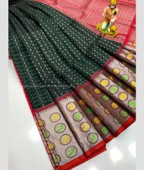 Forest Fall Green and Red color kuppadam pattu handloom saree with all over checks and buties design -KUPP0096746
