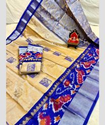 Mustard Yellow and Blue color Chenderi silk handloom saree with all over big buties and pochampally peacock border saree design -CNDP0005803