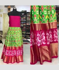 Parrot Green Pink and Orange color Ikkat Lehengas with all over pochampally design -IKPL0000048