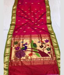 Red and Mehndi Green color paithani pure silk handloom saree with peacock design saree -PTNP0000006