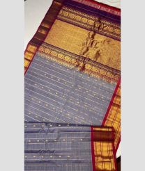 Grey and Red color gadwal pattu handloom saree with all over checks and buties with kanchi border design -GDWP0001741