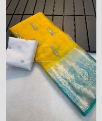 Mango Yellow and Turquoise color Organza sarees with jacquard multi squence emrodiry work design -ORGS0003242