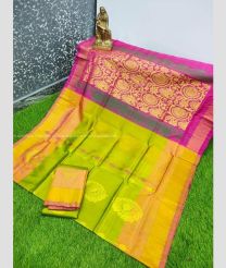Acid Green and Orange color Uppada Soft Silk handloom saree with all over buties design -UPSF0004149