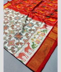 Half White and Red color pochampally ikkat pure silk handloom saree with all over pochampally design with tissue border -PIKP0019516