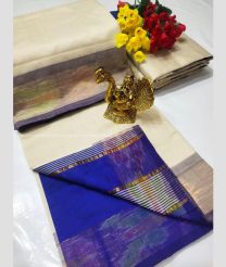 Cream and Blue color Tripura Silk handloom saree with pochampally border design -TRPP0008578