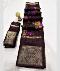 Chocolate color silk sarees with all over floral printed with heavy 9 by 2 inch jacquard border design -SILK0017559