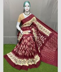 Cream and Deep Maroon color pochampally Ikkat cotton handloom saree with all over pochampally ikkat design -PIKT0000513