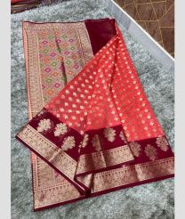 Copper Red and Maroon color Banarasi sarees with all over zari butis almond zari weaving beautiful flowers border design -BANS0018752