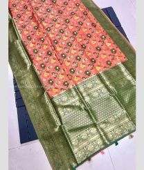 Coral Pink and Pine Green color silk sarees with big boder and heavy mina zari weaving pallu design -SILK0017293