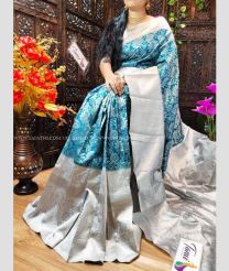 Blue Turquoise and Lite Grey color Lichi sarees with all over jacquard work design -LICH0000403