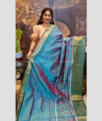 Blue Turquoise and Pine Green color pochampally ikkat pure silk sarees with all over pochampally ikkat design -PIKP0038037