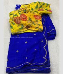 Yellow and Royal Blue color Georgette sarees with all over sequins buties with maggam work border design -GEOS0007691