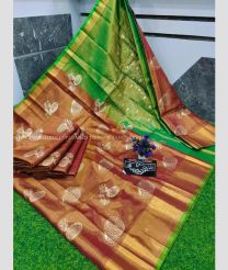 Petra Gold and Green color Uppada Tissue handloom saree with all over screen printed design -UPPI0001694
