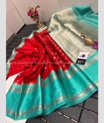 Red and Turquoise color Banarasi sarees with all over butis water zari lataste design weaving soft contrast pattu border -BANS0002680