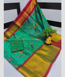 Medium Turquoise and Maroon color Uppada Soft Silk handloom saree with all over printed design -UPSF0003434