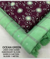 purple and aqua green color linen sarees with allover checks saree design -LINS0002062