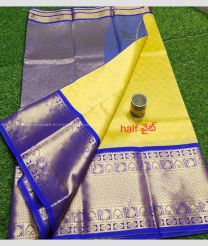 Lemon Yellow and Blue color Chenderi silk handloom saree with all over buties design -CNDP0015877