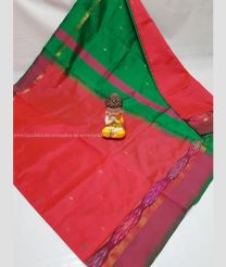 Red and Dark Green color Tripura Silk handloom saree with all over buties and pochampally border design -TRPP0004358