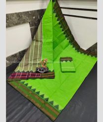 Parrot Green and Dark Green color mangalagiri pattu handloom saree with temple border design -MAGP0026533