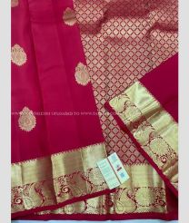 Deep Pink and Golden color kanchi pattu handloom saree with all over double warp thread with traditional buties design -KANP0013707
