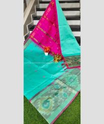 Turquoise and Pink color Tripura Silk handloom saree with all over nakshtra buties with big pochampally border design -TRPP0007984