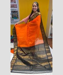 Orange and Black color gadwal cotton handloom saree with all over buties including meena with kuthu interlock woven border design -GAWT0000278