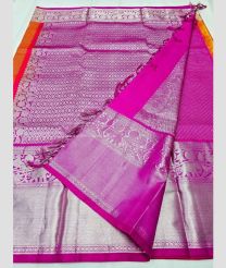 Orange and Neon Pink color venkatagiri pattu handloom saree with all over big silver buties design -VAGP0000864