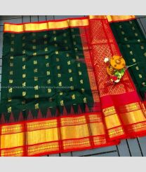 Pine Green and Red color kuppadam pattu handloom saree with temple border design -KUPP0097109
