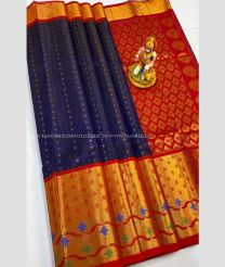 Navy Blue and Red color kuppadam pattu handloom saree with kanchi border design -KUPP0097132
