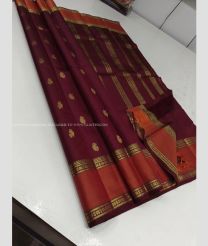 Dark Maroon and Copper color kanchi pattu handloom saree with all over buties with 2g pure jari traditional border design -KANP0013709