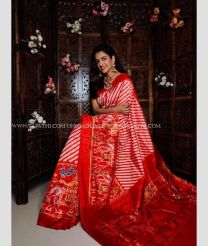 White and Red color pochampally ikkat pure silk handloom saree with leheriya design -PIKP0018126