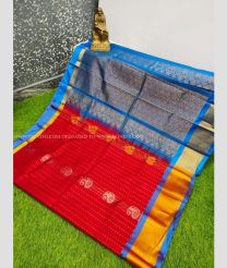 Red and Blue color Kollam Pattu handloom saree with all over buties design -KOLP0001777
