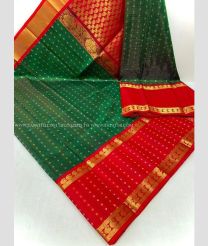 Pine Green and Red color kuppadam pattu handloom saree with all over jari checks and buties with kuppadam kanchi border design -KUPP0097089