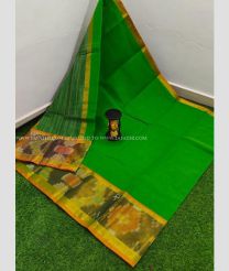 Green and Mustard Yellow color Uppada Cotton handloom saree with plain with pochampalli border saree design -UPAT0003147