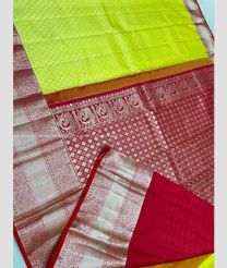 Acid Green and Red color kanchi pattu handloom saree with all over hand woven jari design -KANP0013048