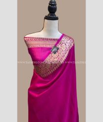 Pink color Banarasi sarees with plain with golden zari weaving beautiful jaquard border design -BANS0007470