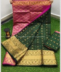 Dark Green and Pink color Lichi sarees with zari border saree design -LICH0000096