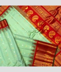 Aquamarine and Red color gadwal pattu handloom saree with all over buties with multiple bentex border design -GDWP0001333