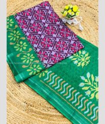 Dark Green and Maroon color linen sarees with all over ikkat digital printed with silver jari weaving border design -LINS0003340