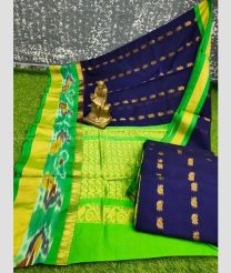 Parrot Green and Navy Blue color Chenderi silk handloom saree with all over buties with pochampally border design -CNDP0015910