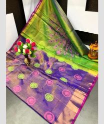 Purple Blue and Green color Uppada Tissue handloom saree with printed design -UPPI0000459